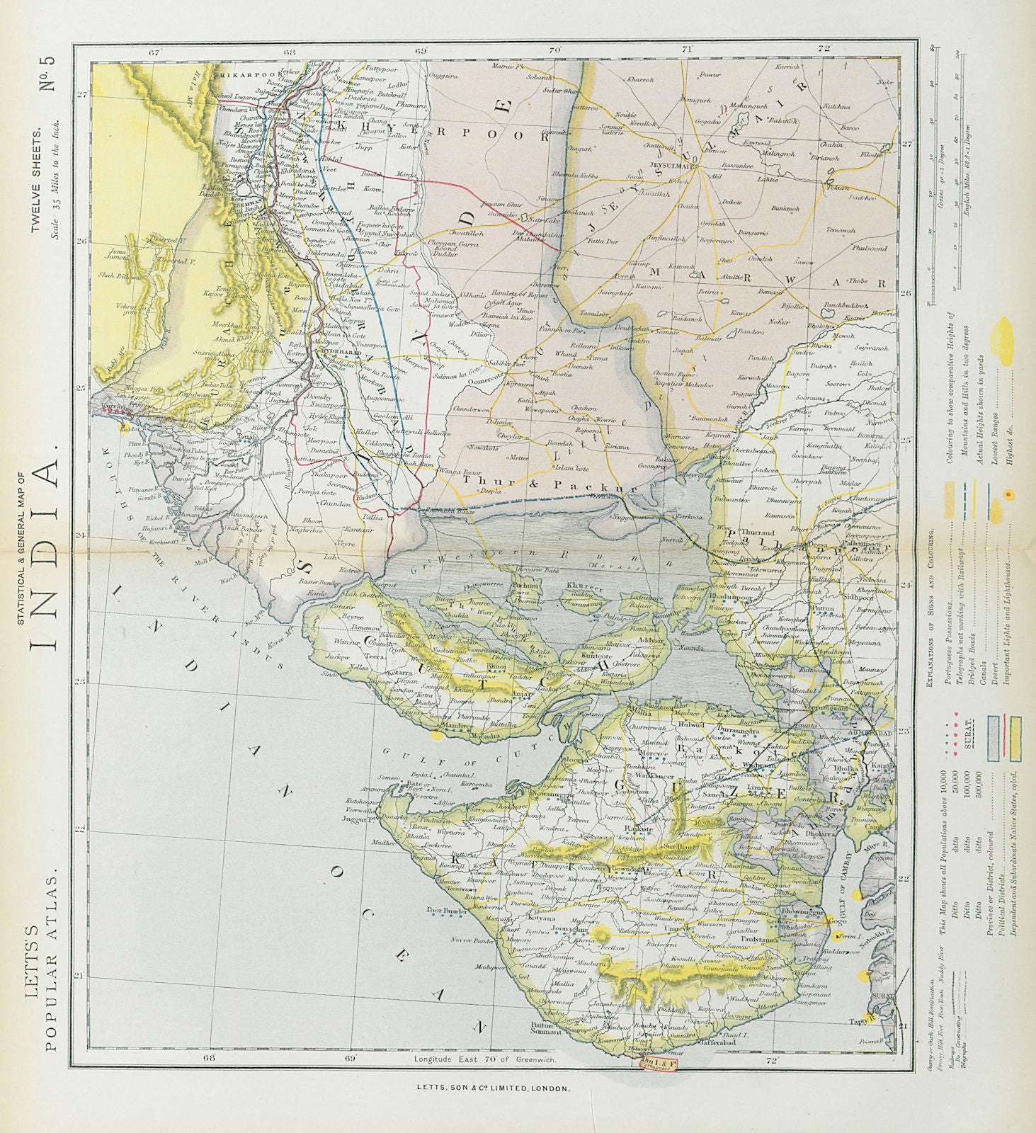 NW INDIA & S PAKISTAN. Sindh Gujarat Karachi Hyderabad. Railways. LETTS 1883 map